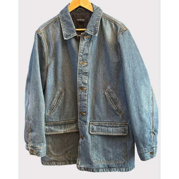 Vintage Lands’ End Men's Denim Chore Jacket Workwear Utility Coat Blue Jean 90s - Picture 4 of 9